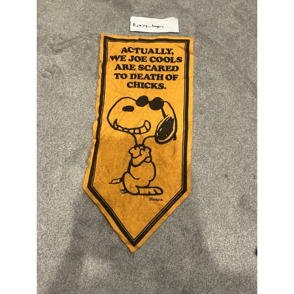 VINTAGE‎ SNOOPY JOE COOL BANNER SIGN SCARED TO DEATH OF CHICKS FELT 1971 31"X15"